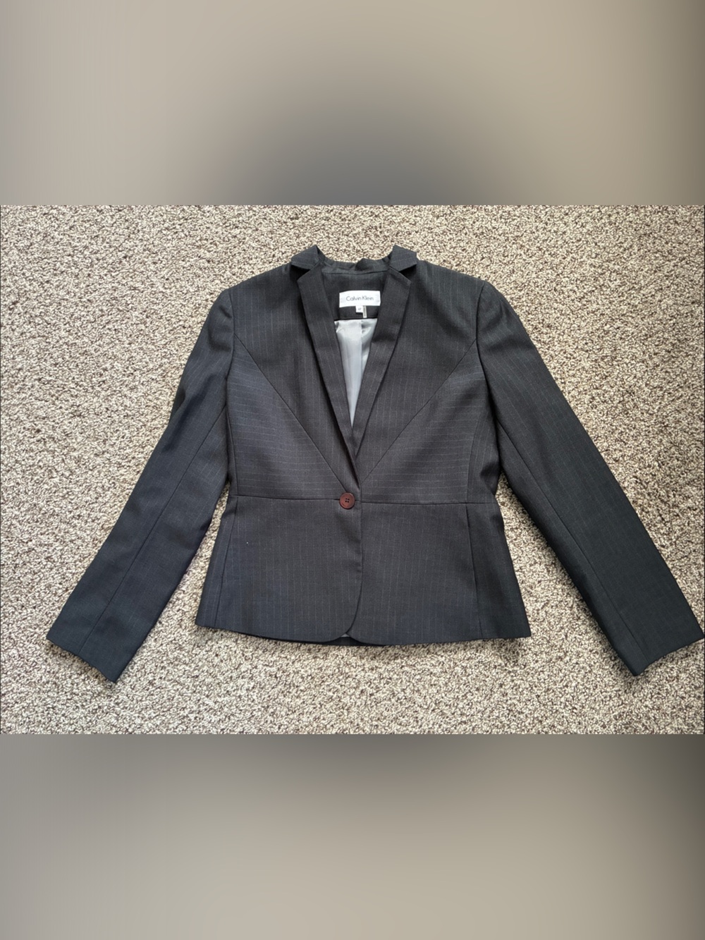⭐️ CALVIN KLEIN Women's Dark Charcoal Pinstripe Single-Button Blazer